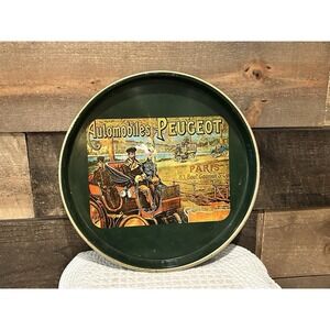 Vintage Peugeot Paris Nevco Automobiles Round Serving Tray made in Hong Kong Tin